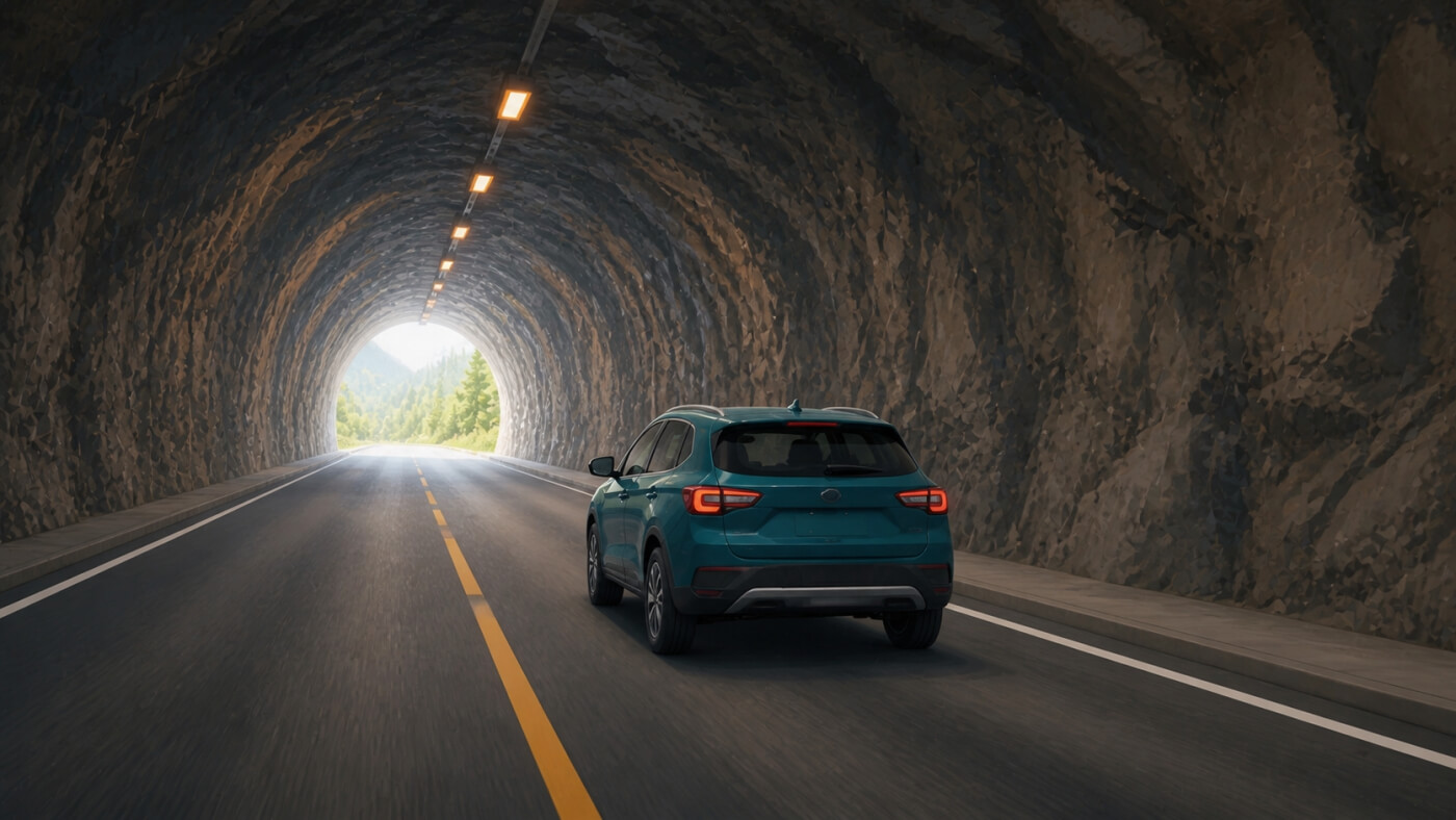 Voiture de location traversant un tunnel routier éclairé en Norvège.
