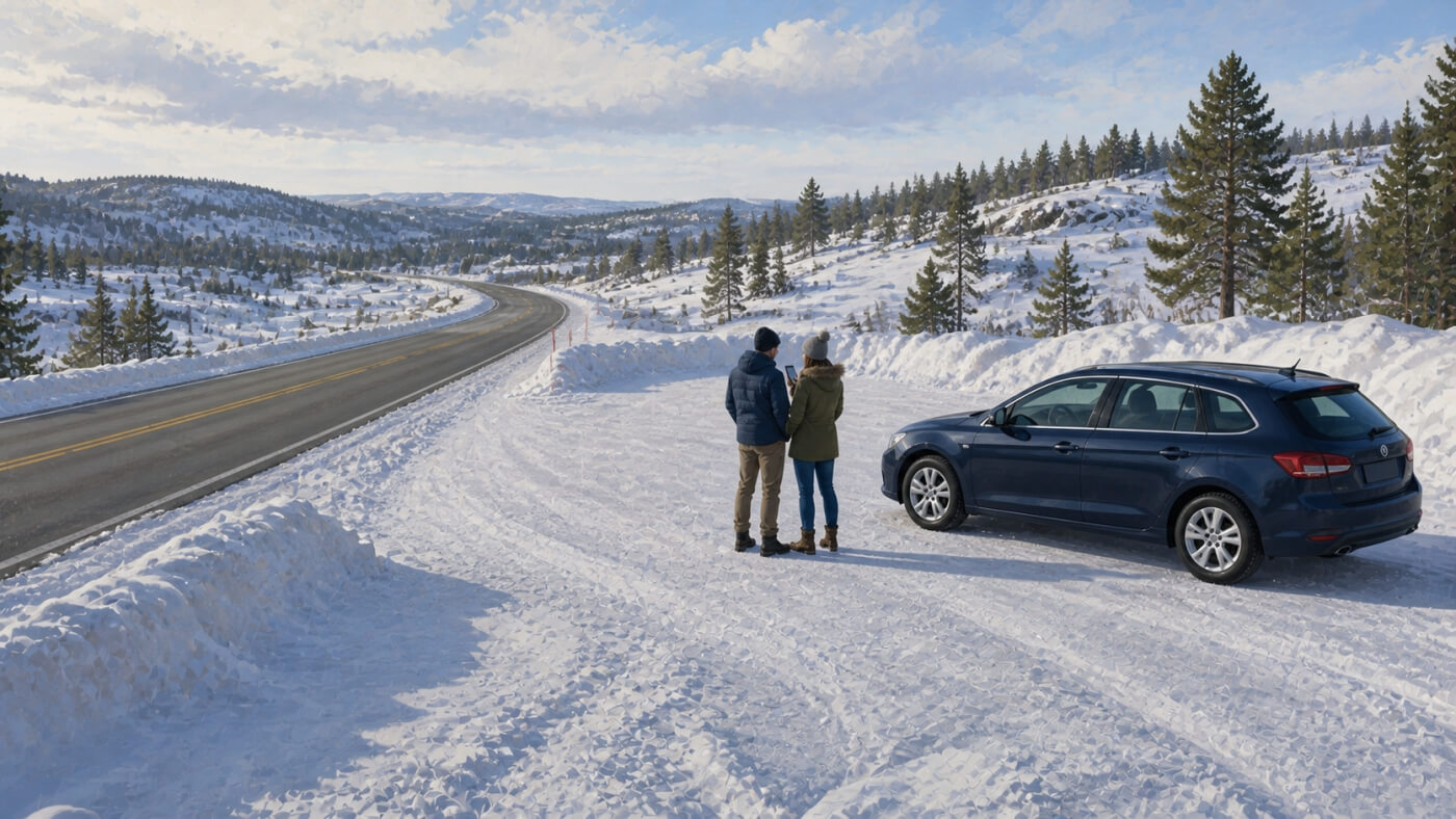 Voyageurs vérifiant les conditions hivernales avant de reprendre la route en Norvège