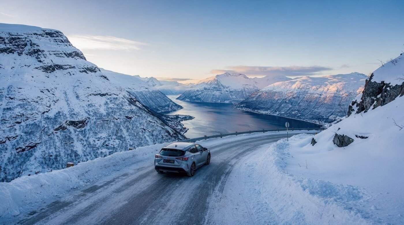 Voiture circulant sur une route verglacée en hiver en Norvège.