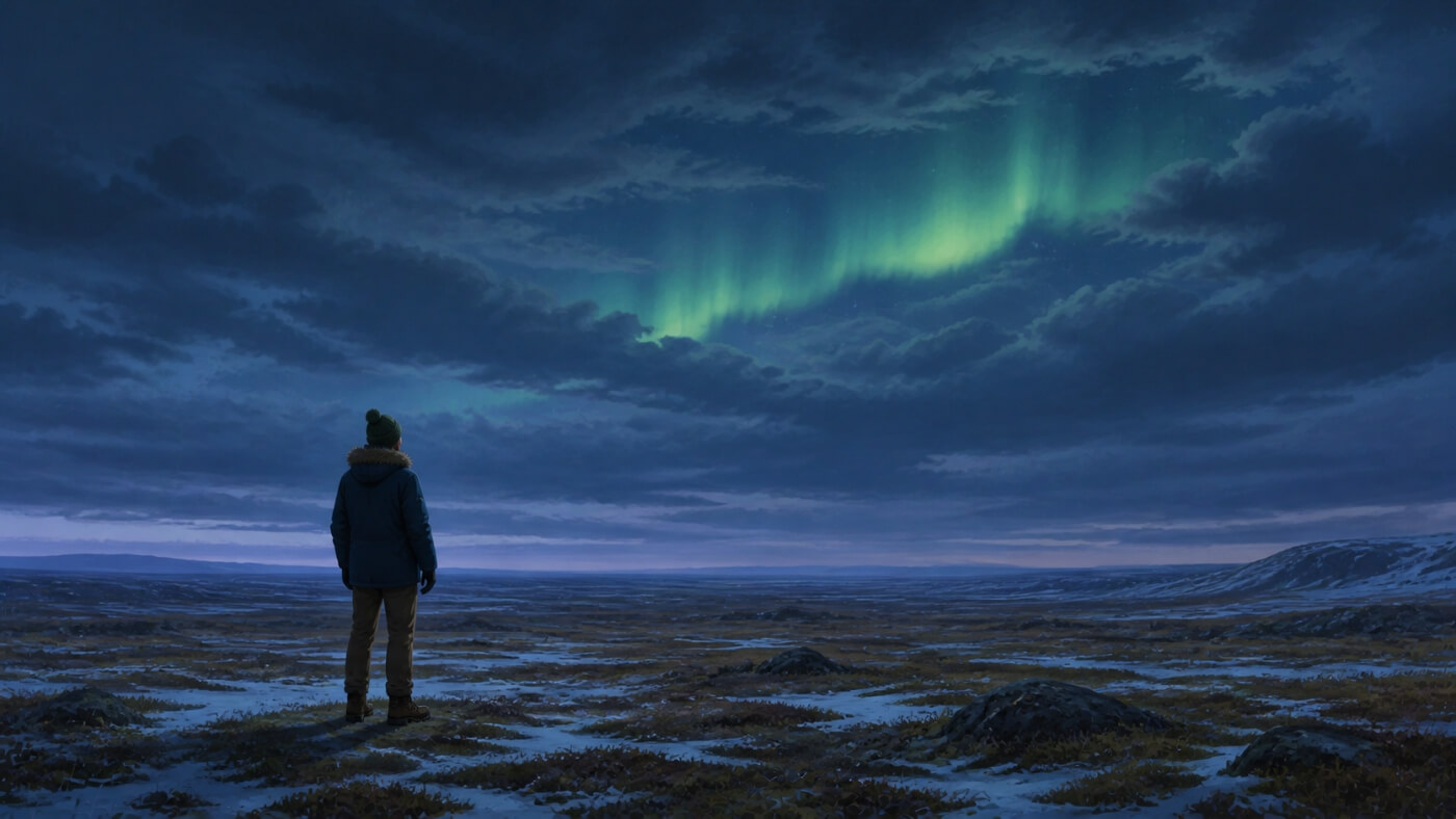 Aurore boréale apparaissant entre les nuages au-dessus d’un observateur en Norvège.