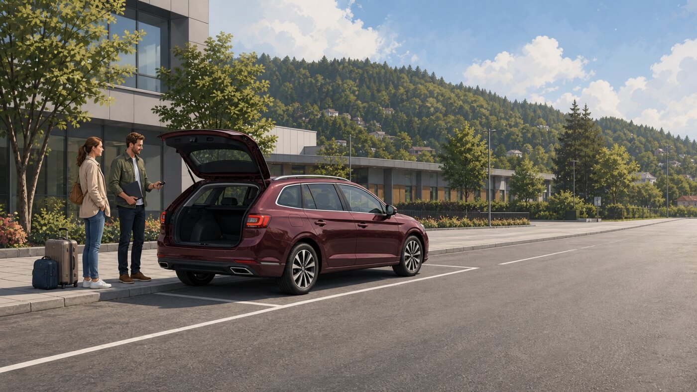 Voyageurs préparant la restitution de leur voiture après un trajet entre Oslo et Bergen.