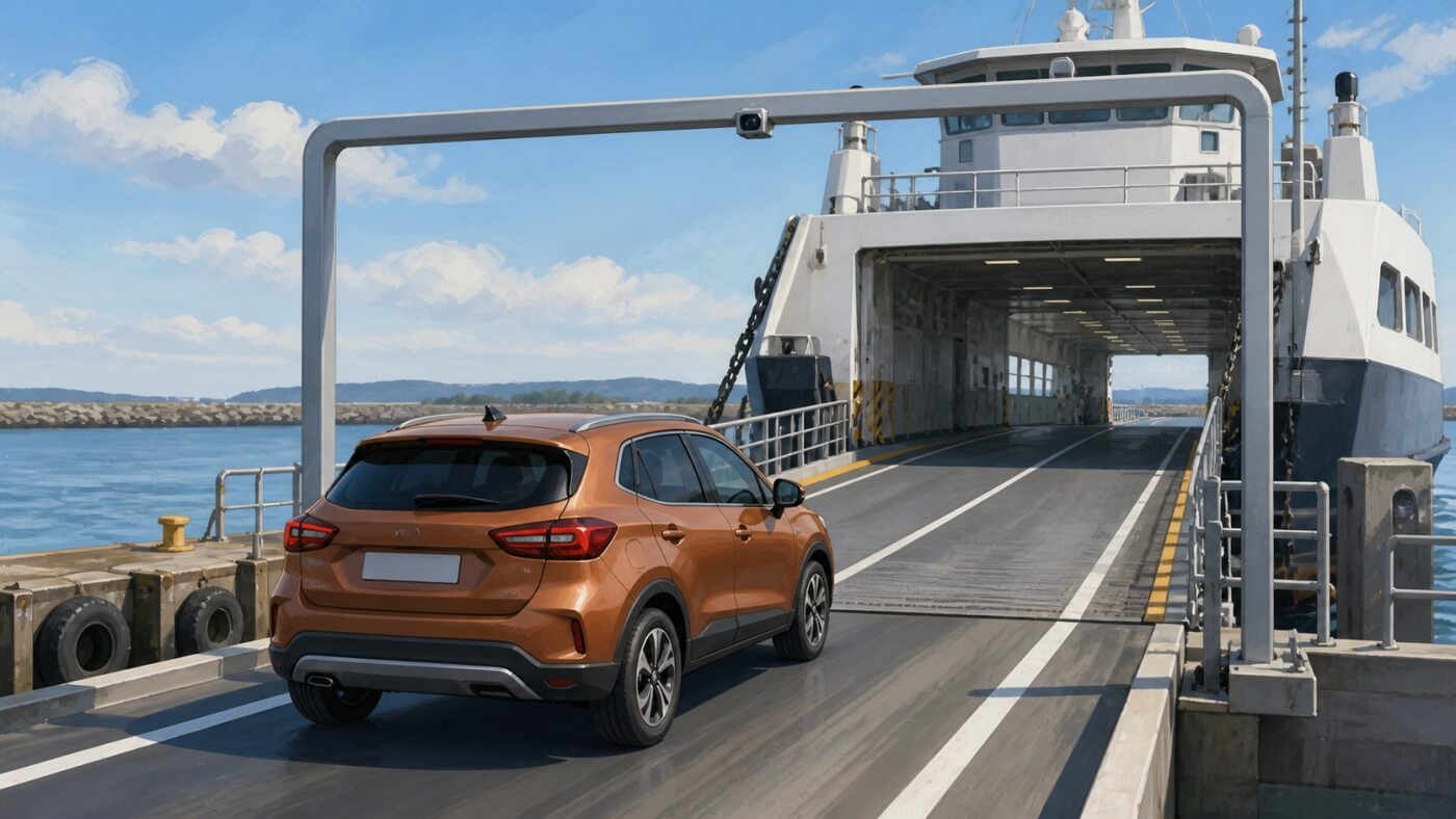 Voiture de location passant sous un capteur avant d’embarquer sur un ferry norvégien.