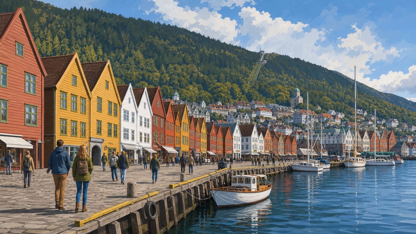 Promeneurs le long de Bryggen, entre le port de Vågen et la colline de Fløyen.