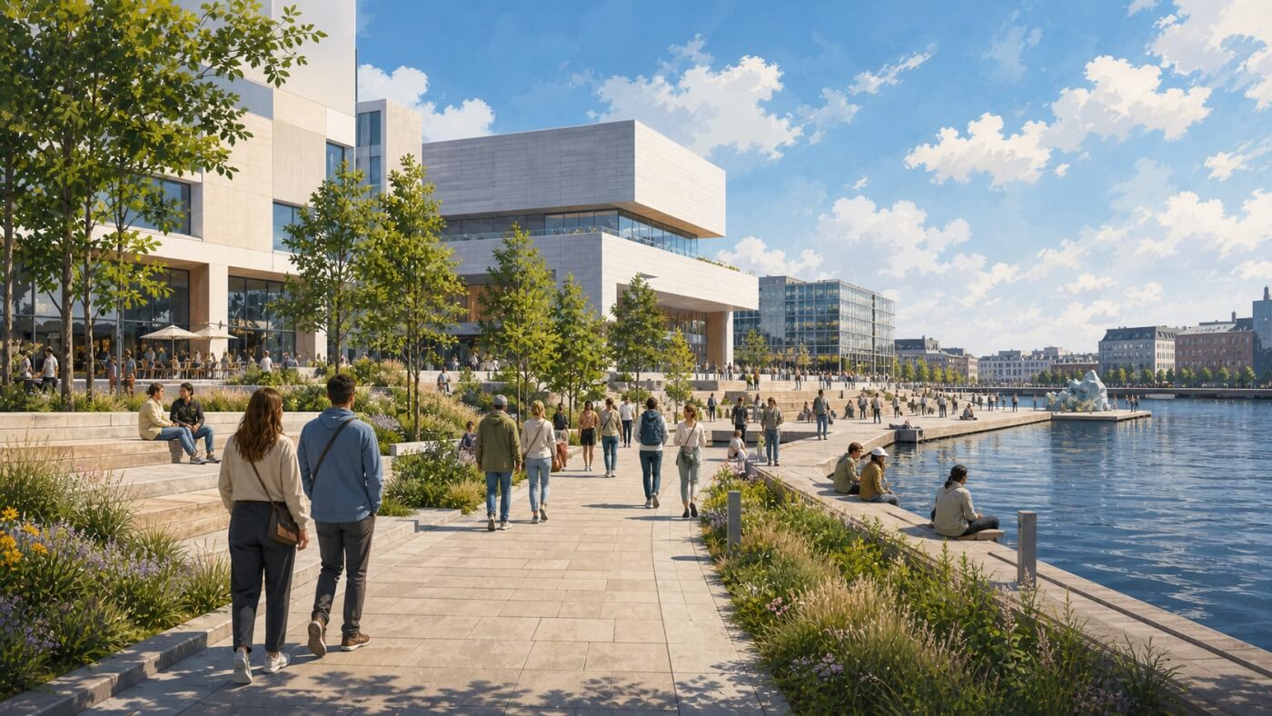 Promeneurs entre parc urbain, architecture contemporaine et front d’eau.