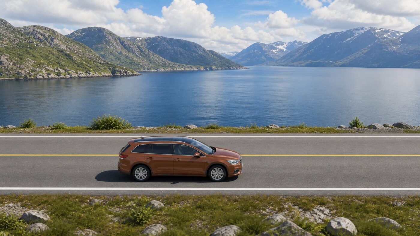 Voiture de location roulant entre un fjord et les montagnes en Norvège.