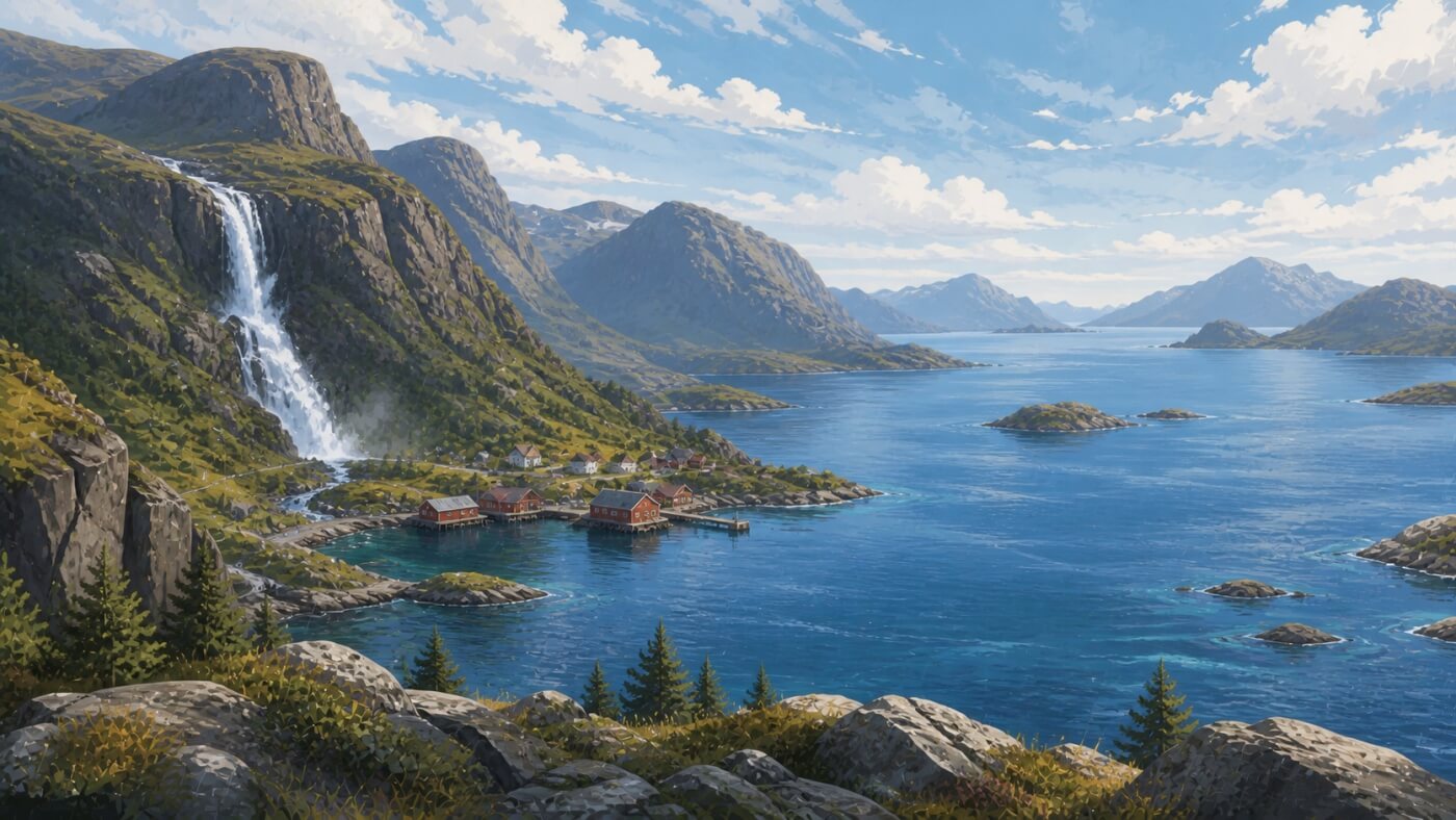 Village côtier, cascade, fjord et montagnes dans un vaste panorama norvégien.