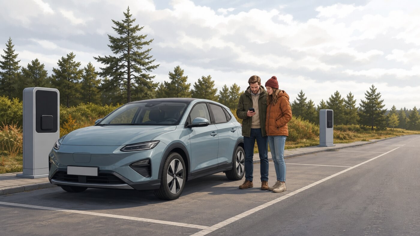 Couple comparant deux bornes avant de recharger une voiture électrique de location en Norvège.