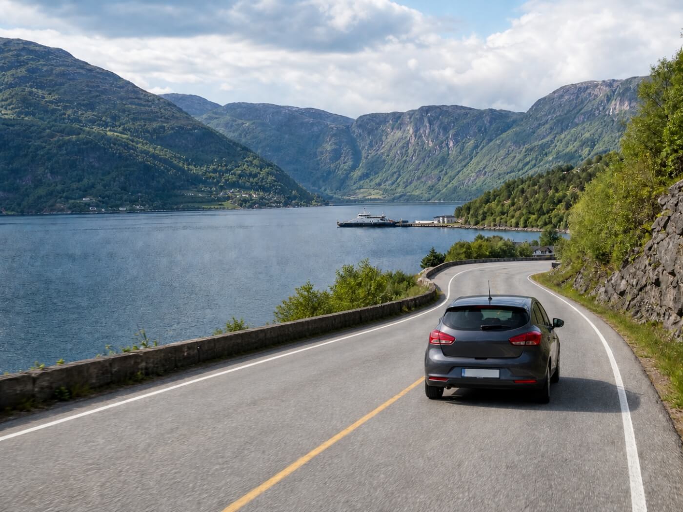 Voiture compacte sur une route côtière longeant un fjord norvégien.